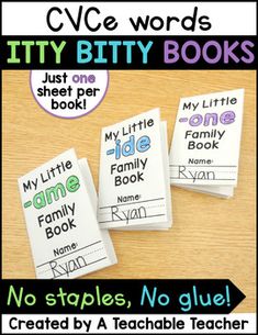 three books that have different types of words on them, with the title'cvce words tiny bitty books '