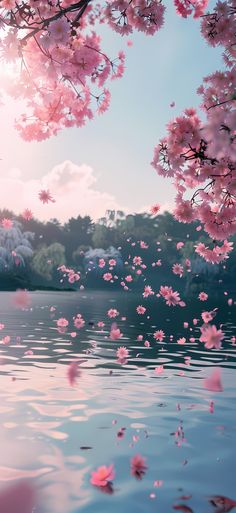 pink flowers are floating on the water in front of some trees and bushes at sunset