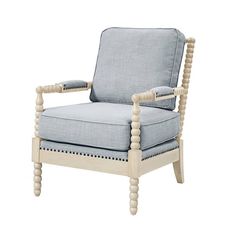 a white chair with blue upholstered fabric and wooden legs, on a white background