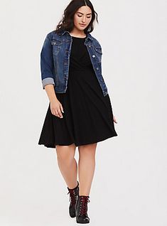 Black Rib Drape Front Skater Dress, Plus Size Skater Dress, Vestidos Sport, Plus Size Black Dresses, Embroidered Mesh Dress, Floral Prom Dresses, Peplum Tops, Surplice Dress, Gowns For Women, Skater Dresses