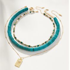 Anthropologie 14 K Gold Plated Camp Icon Beaded Necklace Set Of Casual Turquoise Necklaces With Colorful Beads, Blue Beaded Trendy Necklace, Blue Beaded Chain Necklace For Vacation, Trendy Blue Beaded Chain Necklace, Blue Beaded Layered Necklace For Gift, Blue Beaded Layered Necklace For Gifts, Trendy Turquoise Necklaces For Vacation, Camp Icon, Agate Stone Necklace