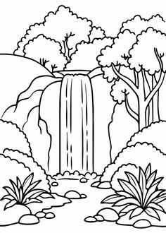 a waterfall in the jungle with trees and plants around it, coloring pages for kids