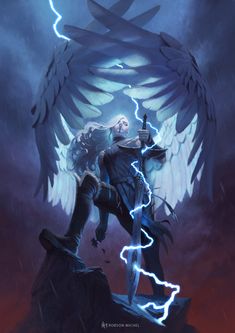 an angel standing on top of a rock with lightning coming from it's wings