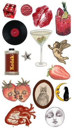 an assortment of stickers with various items in them including a drink, cat and other things