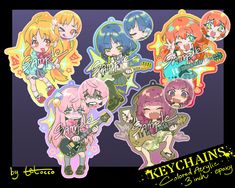 the keychains are designed to look like they have different hair colors and styles