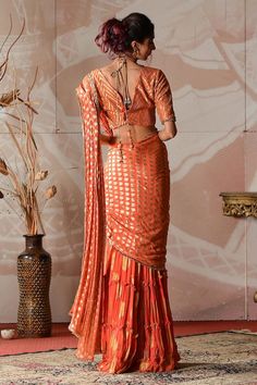 Rust orange banarasi georgette pre-draped sharara saree with circular motifs embroidery. Comes with a banarasi brocade blouse with cutdana hand work. - Aza Fashions Designer Wear Pre-draped Saree With Self Design For Navratri, Traditional Fitted Pre-draped Saree For Navratri, Festive Orange Pre-draped Saree, Fitted Bollywood Style Pre-draped Saree For Festive Occasions, Traditional Draped Sets For Festive Occasions, Festive Draped Art Silk Sets, Traditional Draped Festive Sets, Festive Silk Pre-draped Saree, Festive Draped Traditional Sets