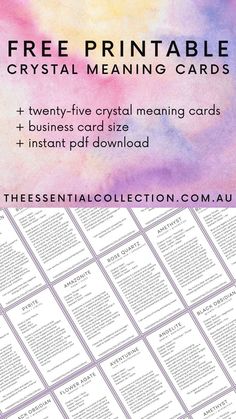 the free printable crystal meaning cards are available in multiple colors and sizes to choose from