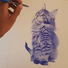 a drawing of a cat sitting next to a person's hand holding a pencil