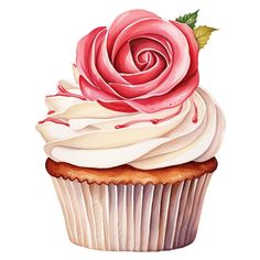 a cupcake with white frosting and a pink rose on top is shown in this watercolor painting