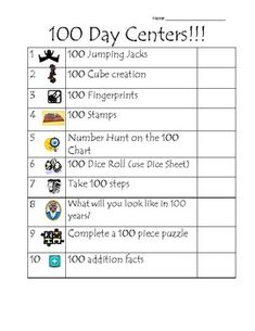 a printable worksheet for the 100 day center