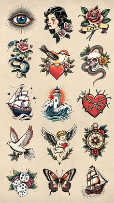 an old school tattoo design with lots of different tattoos