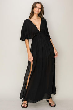 HYFVE Tie Back Maxi Split Cover Up Dress Flowy Maxi Skirt, Flowy Maxi Skirts, Trendy Bikinis, Beach Coverup Dress, Plunging Neck, Maxi Dress Formal, Cover Up Dress, Batwing Sleeve, Cinched Waist