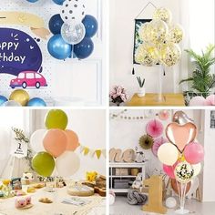 there are many balloons and decorations in this room