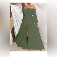 Nwt Color:Armygreen Product Details Fabric Type 100% Rayon One Hundred Percent Rayon Care Instructions Machine Wash Origin Imported Closure Type Pull On Country Of Origin China About This Item S=Us 4-6,M=Us 8-10,L=Us 12-14,Xl=Us 16-18. Features: Classic Solid Plain Color, Puff/Lantern Sleeve Dress, Chic Flounce Sleeve, Casual Elastic High Waist, Cute Layer Ruffle Hem, Sexy High Split Design, The Off Shoulder Maxi Dress Greatly Show Your Charming Shoulder And Your Delicate Collarbone. This Flowy Green Maxi Dress For Fall Brunch, Green Ruched Maxi Dress For Fall, Elegant Green Smocked Dress For Spring, Green Smock Dress For Brunch, Green Casual Smocked Dress For Fall, Green Dress With Smocked Back For Fall, Green Long Sleeve Smocked Dress For Fall, Green Fitted Smocked Dress For Fall, Green Ruched Maxi Dress For Brunch