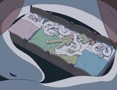 an animated image of three people laying on a bed with pillows and blankets in the middle