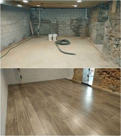 before and after pictures of an unfinished basement with wood flooring being installed in the background