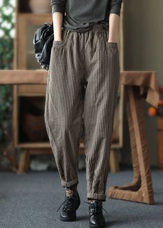 Bohemian Coffee Elastic Waist Striped Pockets Fine Cotton Filled Pants – Omychic Non-stretch Tapered Leg Brown Pants, Brown Relaxed Fit Harem Pants For Spring, Brown Relaxed Fit Harem Pants With Tapered Leg, Brown Tapered Leg Harem Pants With Relaxed Fit, Brown Harem Pants For Fall, Loosely Fitted Brown Harem Pants For Fall, Casual Brown Harem Pants For Spring, Fall Brown High Waist Harem Pants, High Waist Brown Harem Pants For Fall