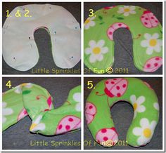 four pictures showing how to sew a baby's diaper seat cover with flowers and ladybugs on it