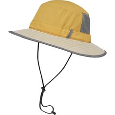 a yellow and grey hat with a black string on the brimmed visor