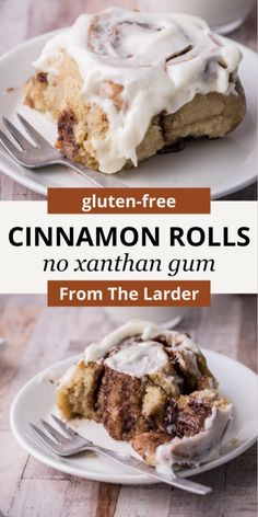 two plates with cinnamon rolls on them and the title reads gluten - free cinnamon rolls no xanthan gum from the ladder