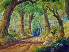 a painting of trees and dirt road in the woods