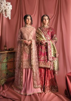 Inspired by classic Kashmiri marori embroidery, this chai pink khaadi net design features traditional ornamentation with tilla, sitara and gota. The embellished neckline and hems of the kameez and accentuated by the most delicately embroidered tulle dupatta with french cut sequins and scalloped hems. Product Details: Embroidered Khaddi Net Front Embellished Organza Neckline Patch Embroidered Khaddi Net Back Embellished Organza front Border Embroidered Organza Back border Embroidered Khaddi Net S Pink Pakistani Wedding Dress, Pink Shalwar Kameez, Pink Kameez, Sharara Dress, Pink Sharara, Pink Monochrome, Pakistan Wedding, Net Design, Desi Outfits