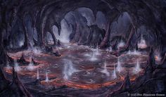 an image of a fantasy scene with water spouting from the ground and trees