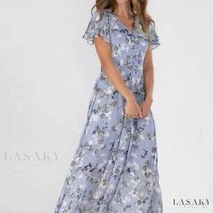 Lasaky - Fashionable Beach Maxi Dress: Chiffon Floral-Printed Short-Sleeve with Ruffled Collar and Waist Cinch Design Summer Chiffon Dress With Short Sleeves For Vacation, Summer Short Sleeve Chiffon Dress For Vacation, Casual Chiffon Maxi Dress For Brunch, Flowy Chiffon Dress With Floral Print And Short Sleeves, Chiffon Short Sleeve Maxi Dress For Brunch, Chiffon Maxi Dress With Short Sleeves For Brunch, Summer Chiffon Dress With Short Sleeves, Flowy Chiffon Short Sleeve Dress For Vacation, Short Sleeve Chiffon Dress With Ruffles For Vacation