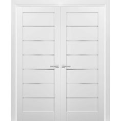 two white double doors with metal handles