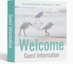 two birds walking on the beach next to the words welcome guest information in front of them