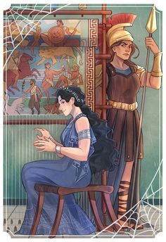 an illustration of two women sitting on chairs in front of a wall with pictures behind them