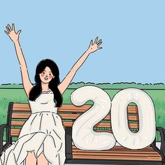 a woman in a white dress sitting on a bench with her arms up and the number 20 written out