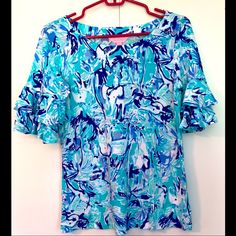 Nwot Never Worn! This Shirt Is Even More Beautiful In Person. Ordered Online And It’s Too Small For Me. Shirt Color, Order Online, Lilly Pulitzer, Colorful Shirts, Blue Green, Color Blue, Top Blouse, Blouses, Womens Tops