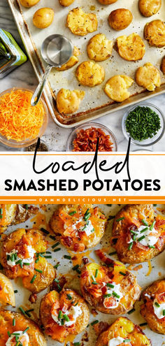 Loaded baked potatoes in bite-size form! Complete with toppings, these crispy smashed potatoes are a New Year recipe or an easy game day food everyone will enjoy. Put these smashed baby potatoes on your Super Bowl party ideas! Loaded Smashed Potatoes, Potato Appetizers, Crispy Smashed Potatoes, Mini Potatoes, Loaded Baked Potato, Loaded Baked Potatoes, Smashed Potatoes