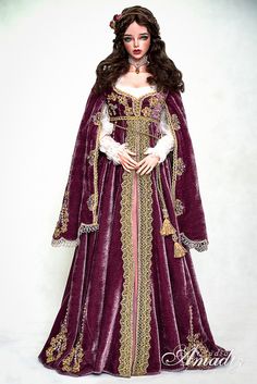 White Beaded Dress, Purple Velvet Dress, Dress With Floral Embroidery, Chocolate Curls, Barbie Gowns, Medieval Dress, Doll Costume, Metal Accessories