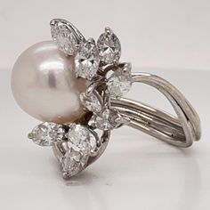 Luxury White Pearl Ring With Single Cut Diamonds, Luxury Antique White Gold Pearl Ring, Exquisite White Pearl Ring With Diamond, Luxury White Cluster Pearl Ring, Luxury White Pearl Ring Fine Jewelry, Pearl Cluster Ring, Gold Cocktail Ring, Gold Cocktail, Pearl Cluster