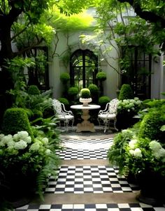 a black and white checkerboard floor in a garden with potted plants on either side