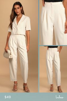 The Lulus Posh Company Ivory Pleated High-Waisted Trouser Pants will take your confidence levels to new heights! These dress pants are composed of woven fabric that shapes a pleated high-rise silhouette (with elastic at the back for fit), belt loops, a fabric-covered top button, and a hidden zip-fly. Relaxed, straight pant legs with side seam pockets end at ankle-length hems. Pair with the matching blazer for a complete look! Fit: This garment fits true to size. Length: Ankle length. Size medium Semi-formal White Spring Pants, White Semi-formal Spring Pants, Semi-formal White Bottoms For Spring, White Semi-formal Bottoms For Spring, White Semi-formal Spring Bottoms, Chic Cream Tapered Leg Bottoms, High-waisted Pants For Semi-formal Summer Occasions, Semi-formal Summer High-waisted Pants, Summer Semi-formal High-waisted Pants