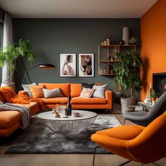 an orange and grey living room with modern furniture