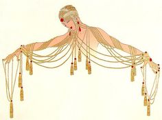 a drawing of a woman with gold chains and red beads on her back, in profile