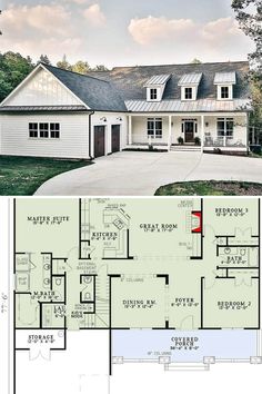 two story house plans with garage and living room on the first floor are shown in this image