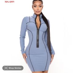 Never Worn Nwt Bodycon Mock Neck Front Zipper Contrast Stitching Stretchy Hack Tool, Fashion Nova Dresses, Contrast Stitch, Front Zipper, Mock Neck, Black Blue, Fashion Nova, Stitching, Long Sleeve Dress