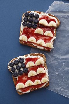 two pieces of toast with fruit on them and white bread in the shape of an american flag