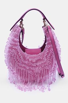 Pink clutch style bag crafted in satin with all over tonal crystal fringes and glass beads embellishments detailing. Comes with a detachable shoulder handle made with leather. - Aza Fashions Clutch Purse Outfit, Crystal Fringe, Luxury Bags Collection, Embellished Bags, Embellished Clutch, Pink Clutch, Beaded Bag, Pretty Bags, Beaded Fringe