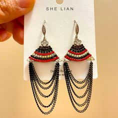 New Handmade High Quality Earrings! Black Earrings With Adjustable Chain As Gift, Black Earrings With Adjustable Chain For Gift, Black Chain Dangle Earrings, Black Dangle Earrings With Chain, Rice Pearl Earrings, Owl Earrings Studs, Vintage Fringe, Van Cleef And Arpels, Costume Earrings