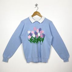 90s Morning Sun Flowers Sweatshirt Print Logo Blue Color Women’s M by OzzyVintageShop on Etsy Blue Graphic Print Sweater For Spring, Vintage Blue Sweatshirt For Spring, Blue Graphic Print Spring Sweater, Retro Blue Sweater With Relaxed Fit, Blue Retro Sweater With Relaxed Fit, Spring Blue Graphic Print Sweater, 90s Style Blue Cotton Sweater, Blue Retro Sweater With Graphic Print, Vintage Blue Sweatshirt With Graphic Print