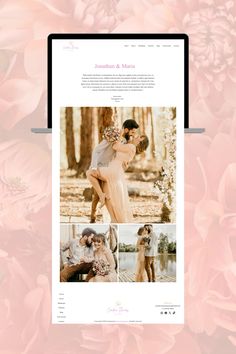 the wedding website is displayed on an ipad and tablet device, with pink flowers in the background