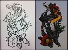 two pictures with different designs on them, one has a tattoo and the other has flowers