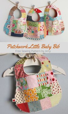 three bibs hanging on a clothes line with the words patchwork little baby bib