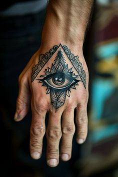 a hand with an all seeing eye tattoo on it